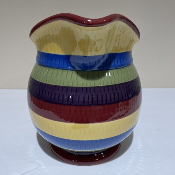 Longaberger Hand Painted Striped Pitcher Bright Multi Color Stripe Large 2 Quart - Picture 6 of 13